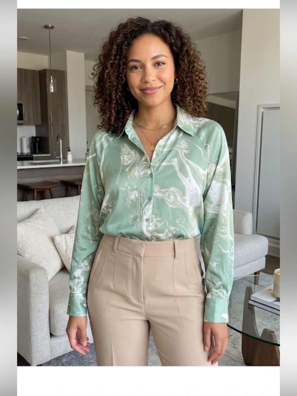 Alfani button-down blouse features a beautiful green and white marble pattern
